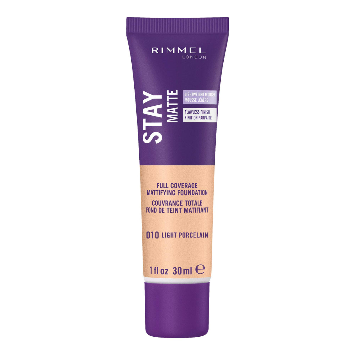 Rimmel Stay Matte base 010 Luz Porcelana, empaque para aplicación diaria