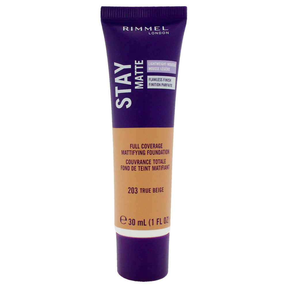 Rimmel Stay Matte Liquid Mousse 203 True Beige en botella, acabado mate para piel grasa