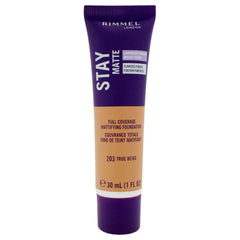 Rimmel Stay Matte Liquid Mousse 203 True Beige en botella, acabado mate para piel grasa