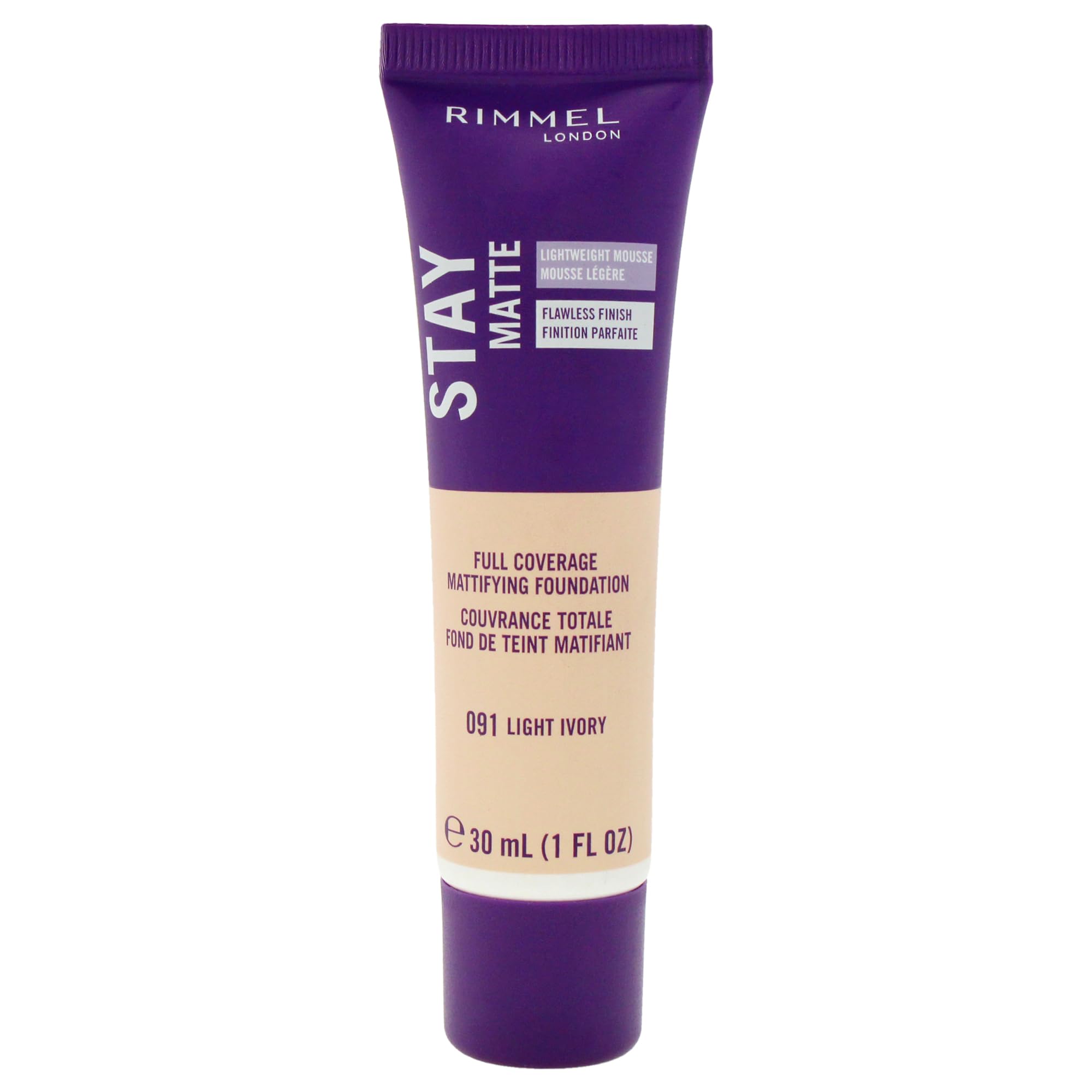 Rimmel Stay Matte Mousse 010 Porcelana Clara, botella, control de brillo durante todo el día.