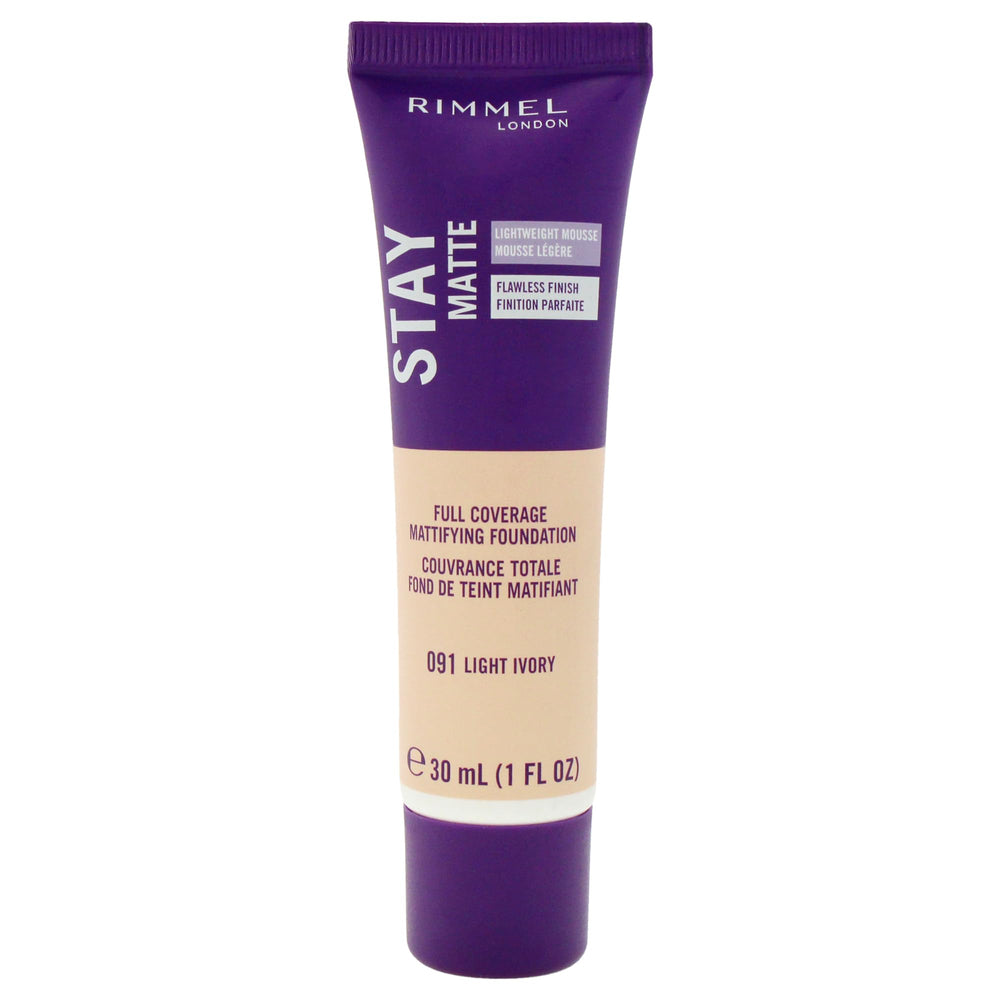 Rimmel Stay Matte Mousse 010 Porcelana Clara, botella, control de brillo durante todo el día.