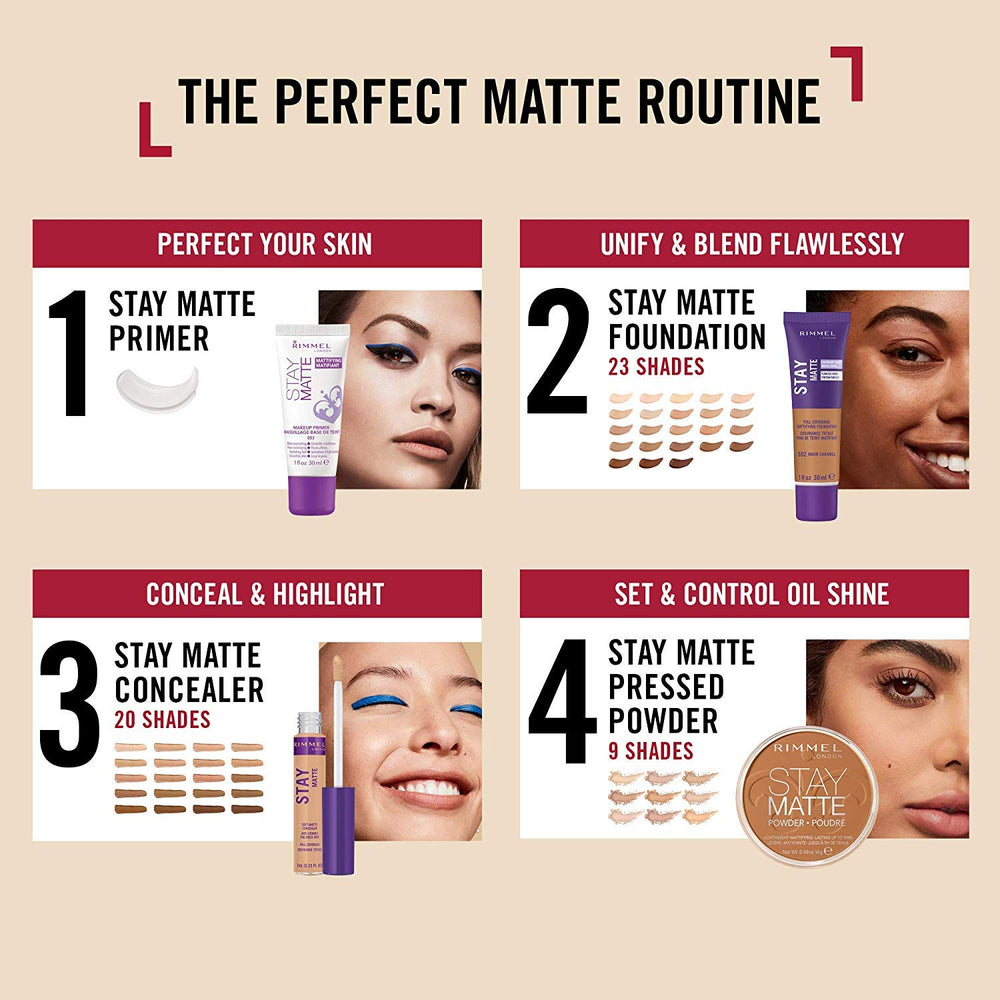 Rimmel Stay Matte Mousse tono 202 Beige para un parecido natural.