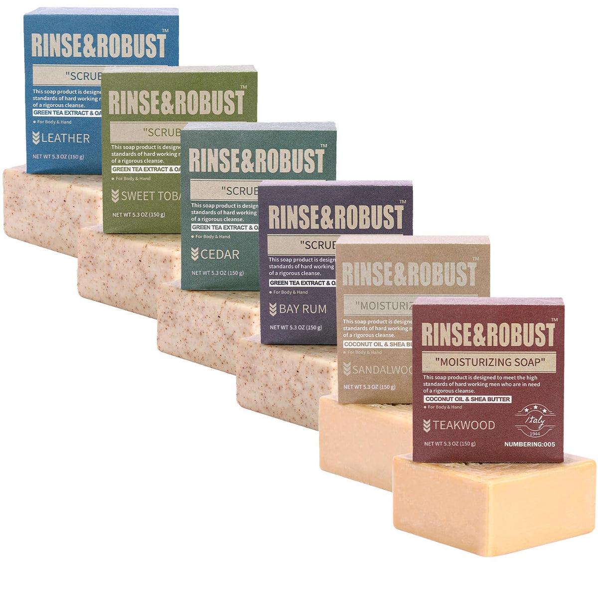 Rinse & Robust barra de jabón natural en caja kraft, ideal para viaje y regalo.