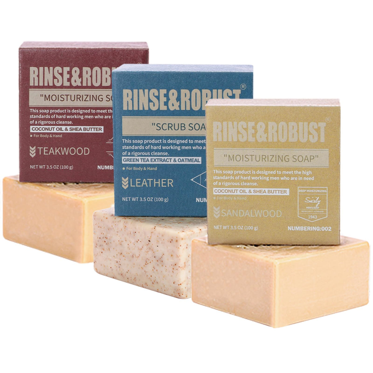 Rinse & Robust jabón en barra cuero: fragancia masculina para uso diario.