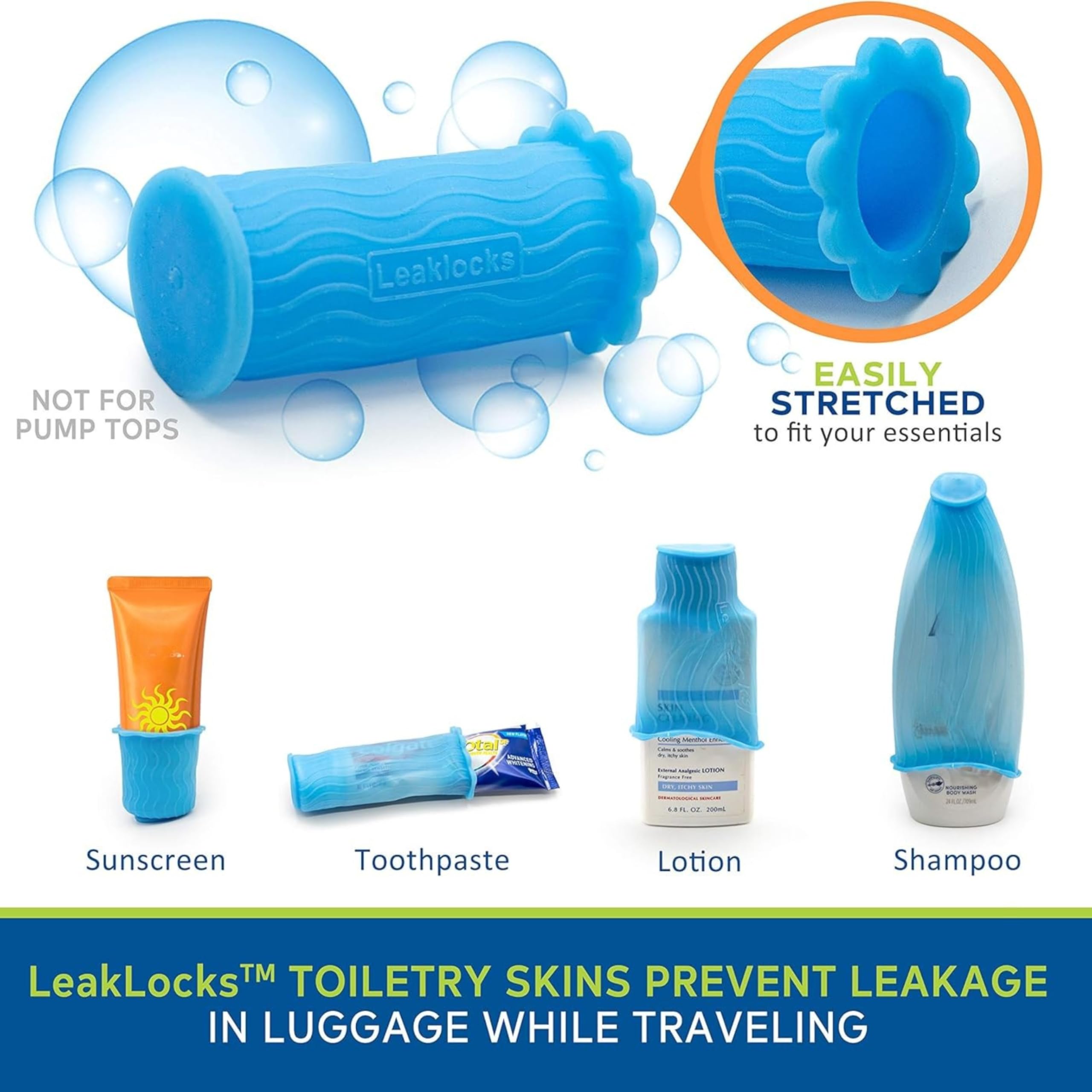 Rinseroo LeakLocks Skin con ajuste universal para viajes, maleta limpia