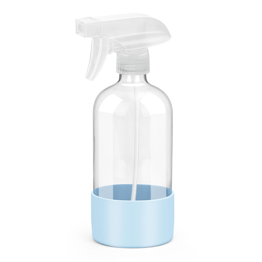 Rionisor botella spray de vidrio azul, ideal para soluciones de limpieza caseras.
