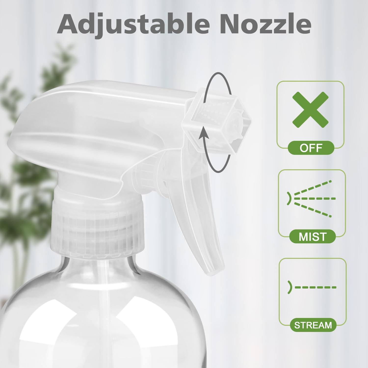 Rionisor botella de vidrio dieciseis onzas con rociador ajustable para múltiples caudales.
