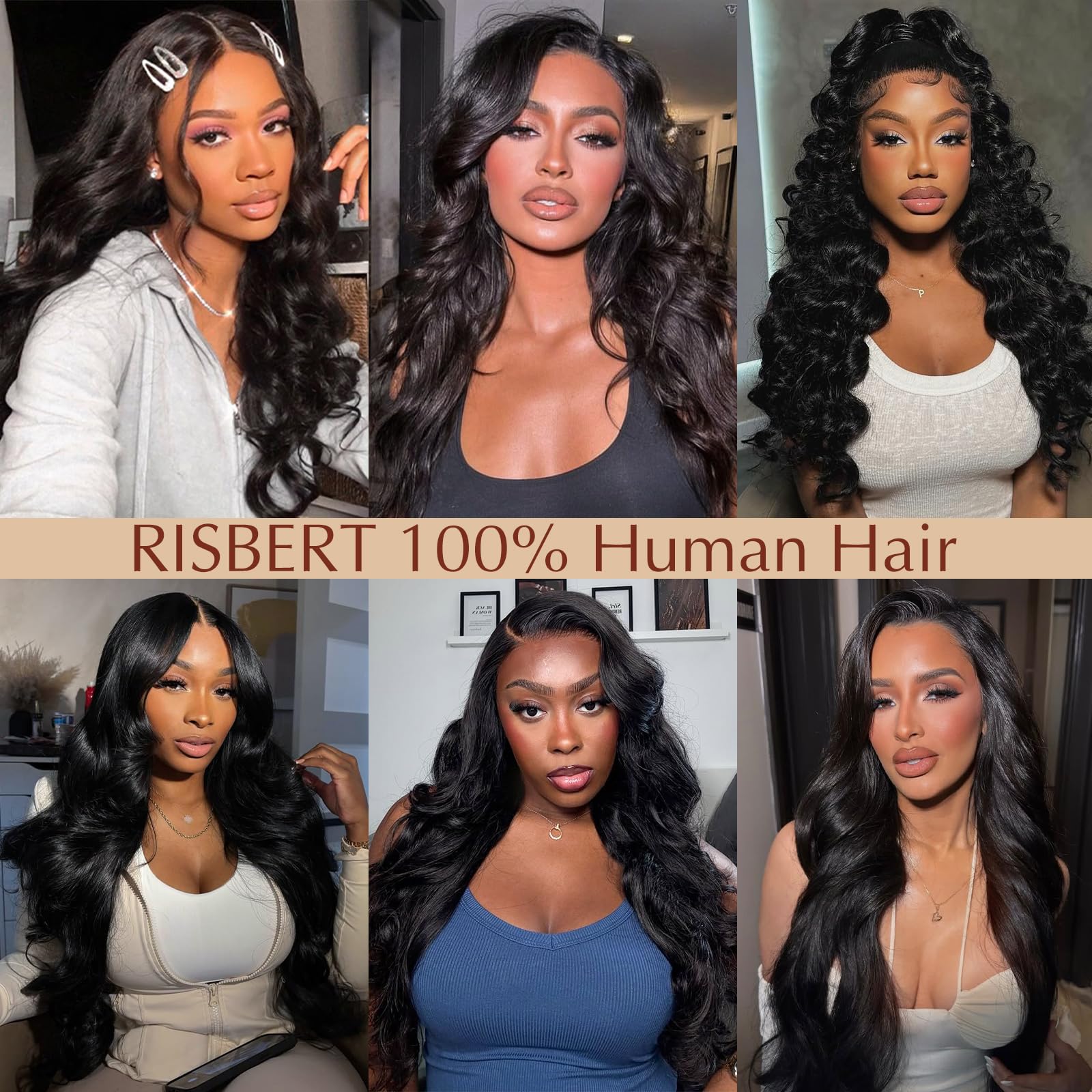 RISBERT body wave texture close-up showing soft, thick Brazilian virgin hair.