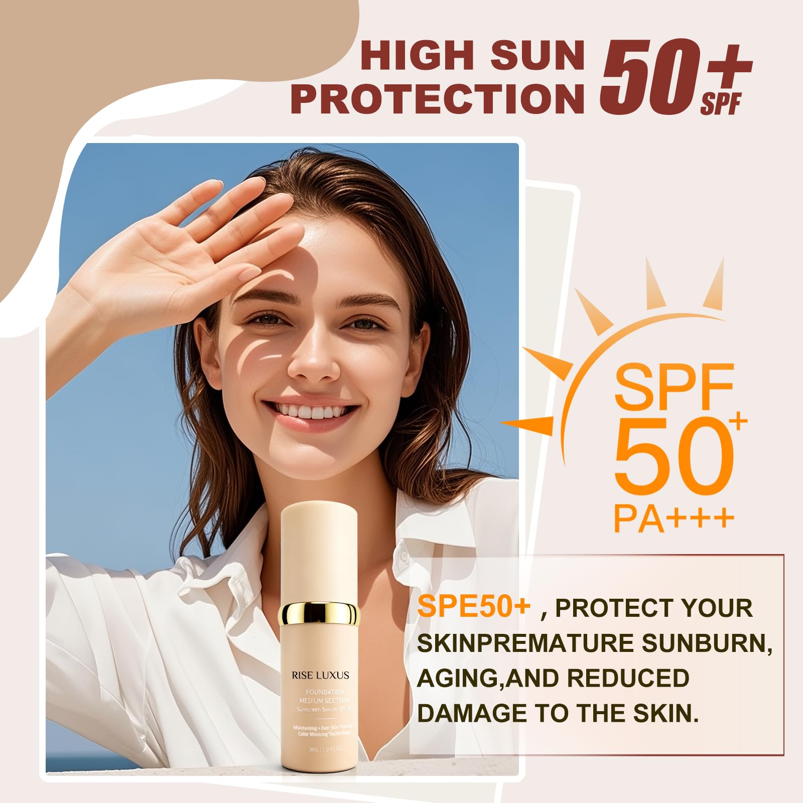 Rise Luxus Ultrablend con SPF 50 protege durante el día.