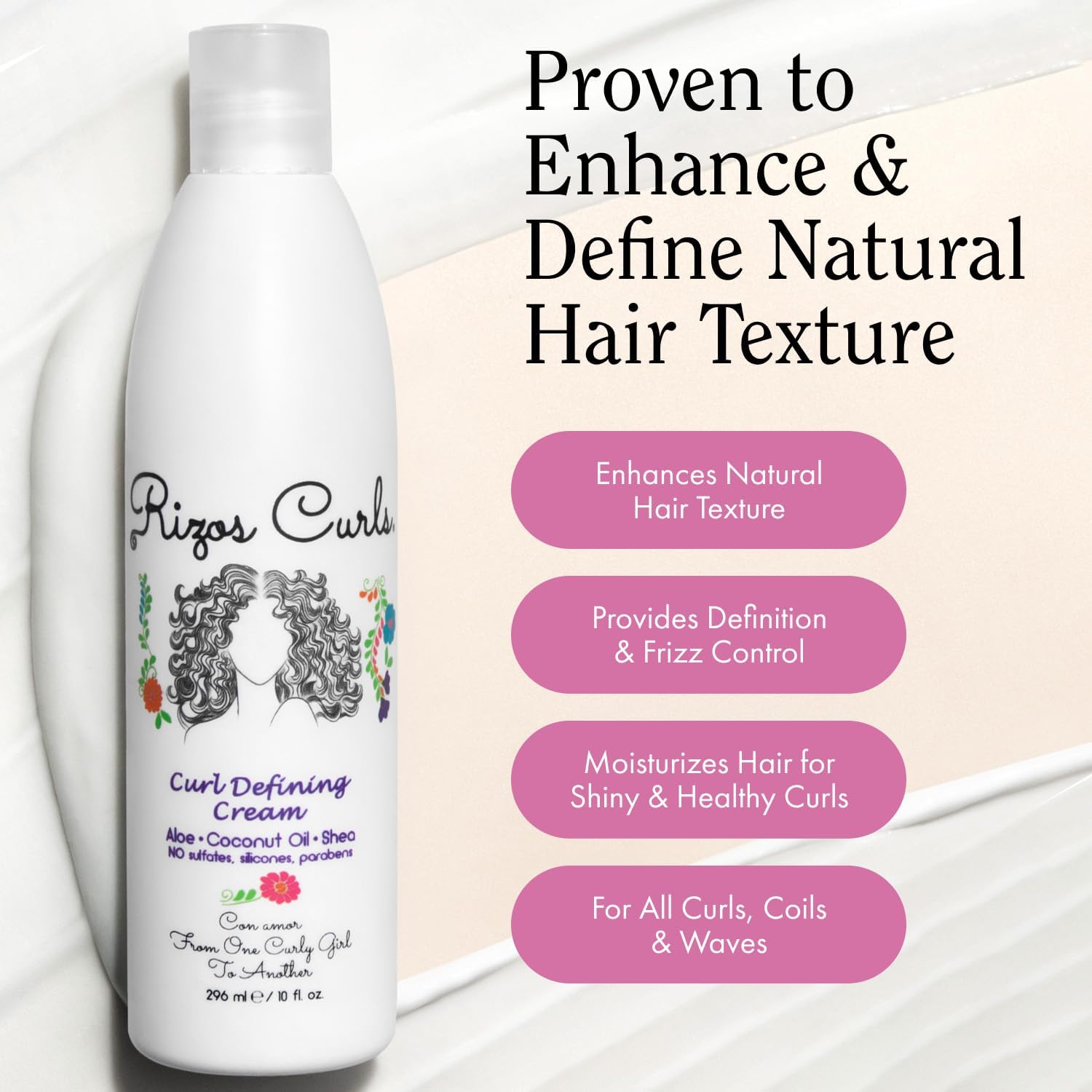 Rizos Curls aplicación con una cantidad del tamaño de una moneda en el cabello.