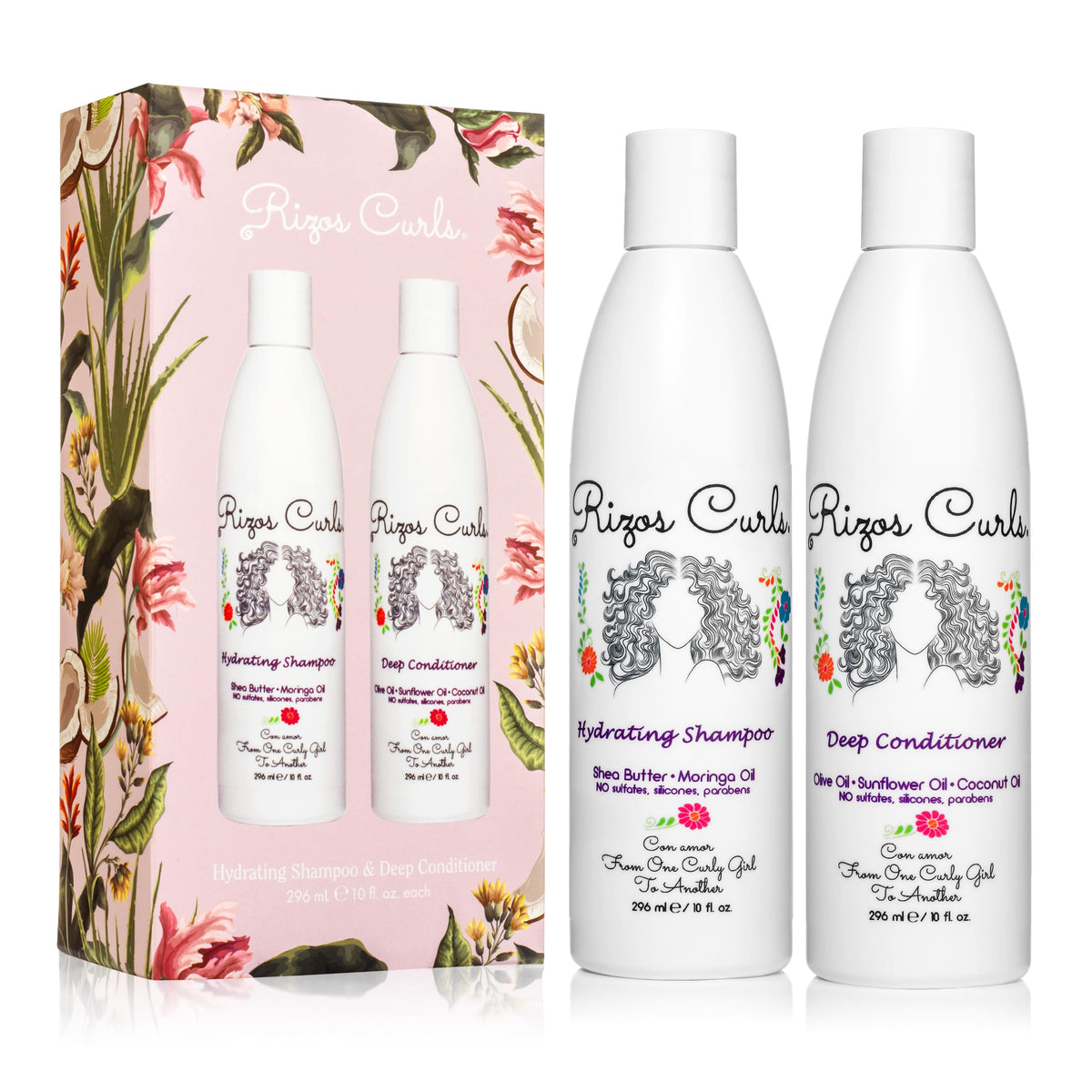 Rizos Curls champú hidratante en botella, rizos suaves y brillantes.