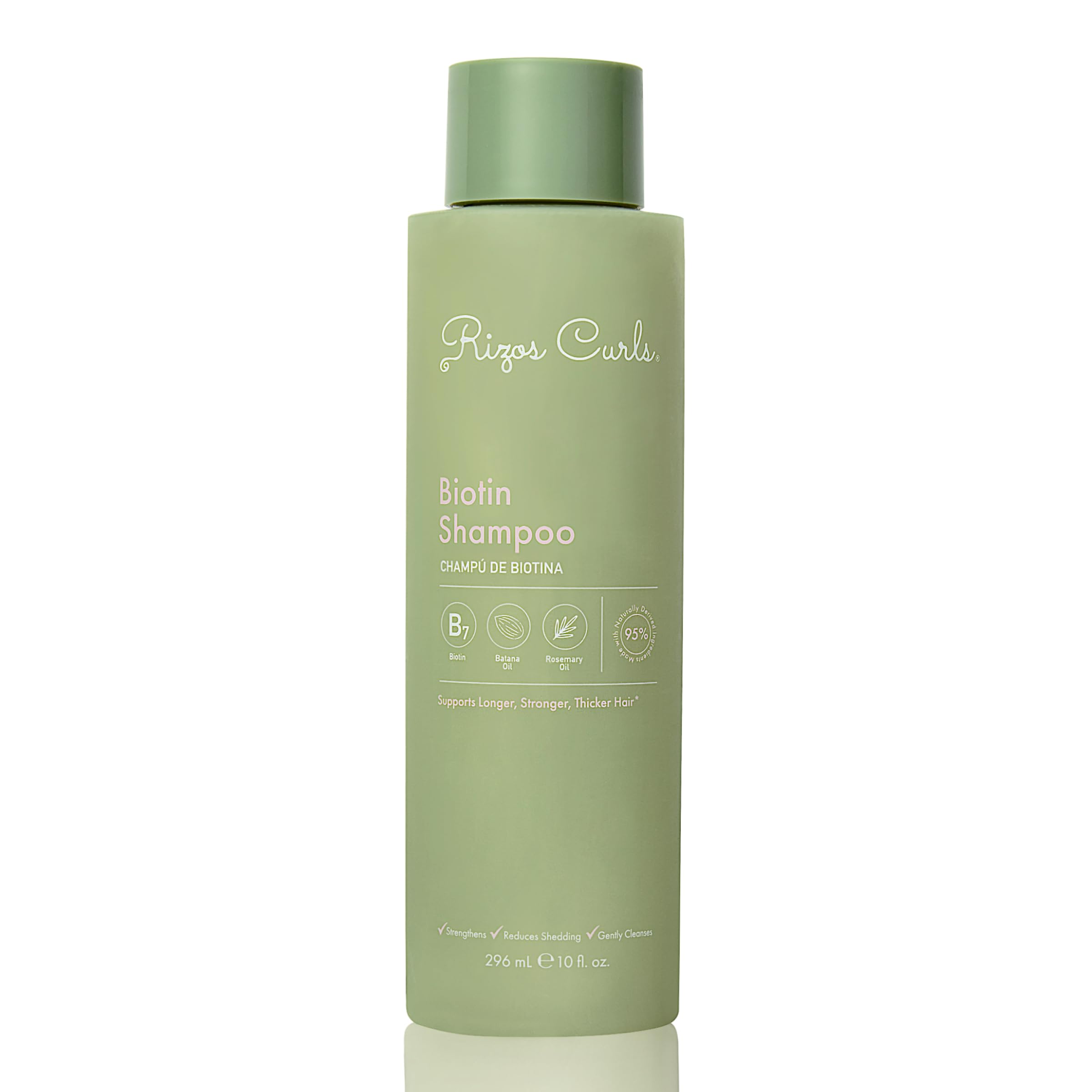 Rizos Curls Biotina Shampoo: botella, limpieza suave para cabello saludable y nutrido.