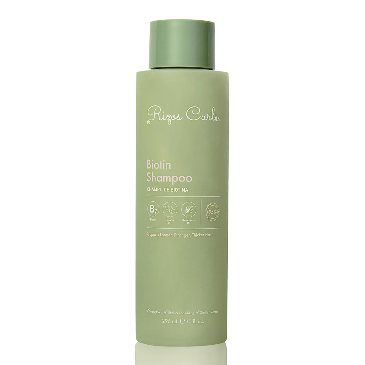 Rizos Curls Biotina Shampoo: botella, limpieza suave para cabello saludable y nutrido.