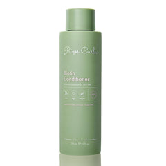 Rizos Curls Biotin Conditioner botella vertiendo, hidratación para todo tipo de cabello.