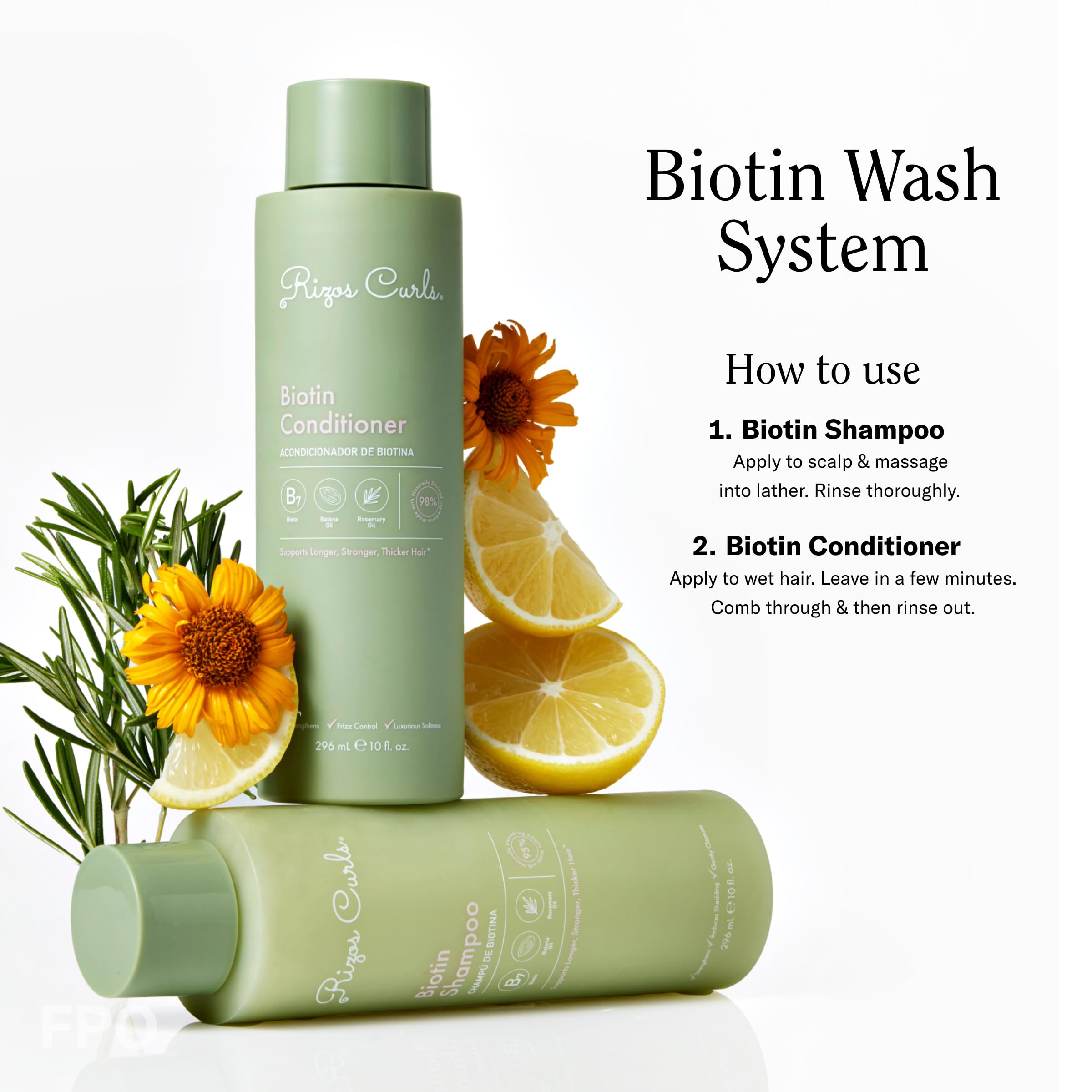 Rizos Curls Biotin Conditioner etiqueta clara y fórmula limpia.