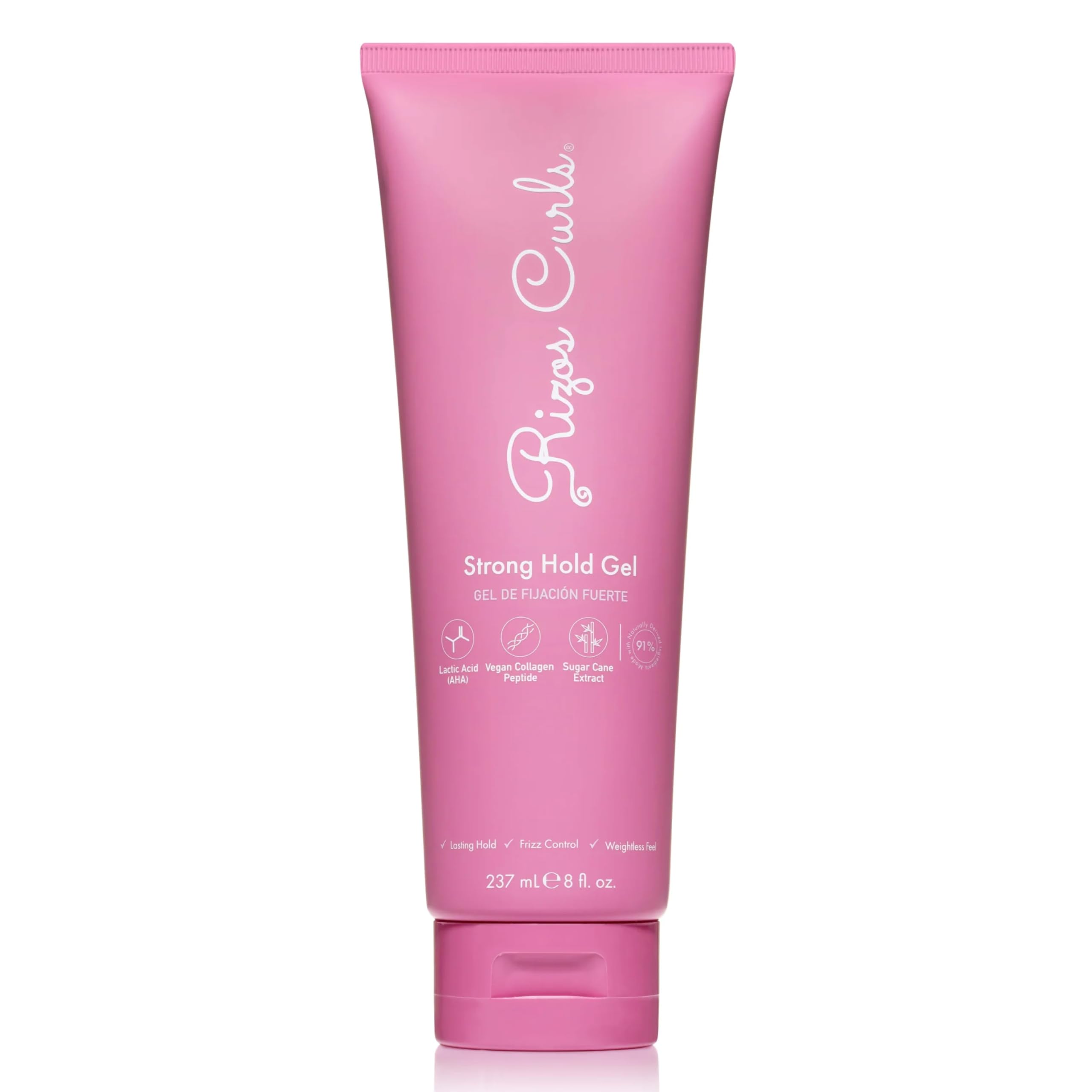 Rizos Curls Strong Hold Gel bottle with label showing long-lasting hold.