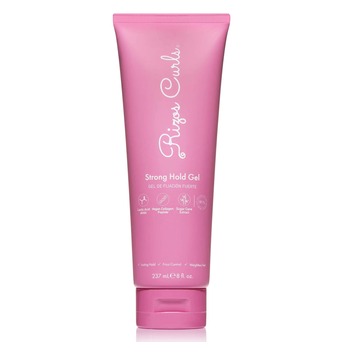 Rizos Curls Strong Hold Gel bottle with label showing long-lasting hold.