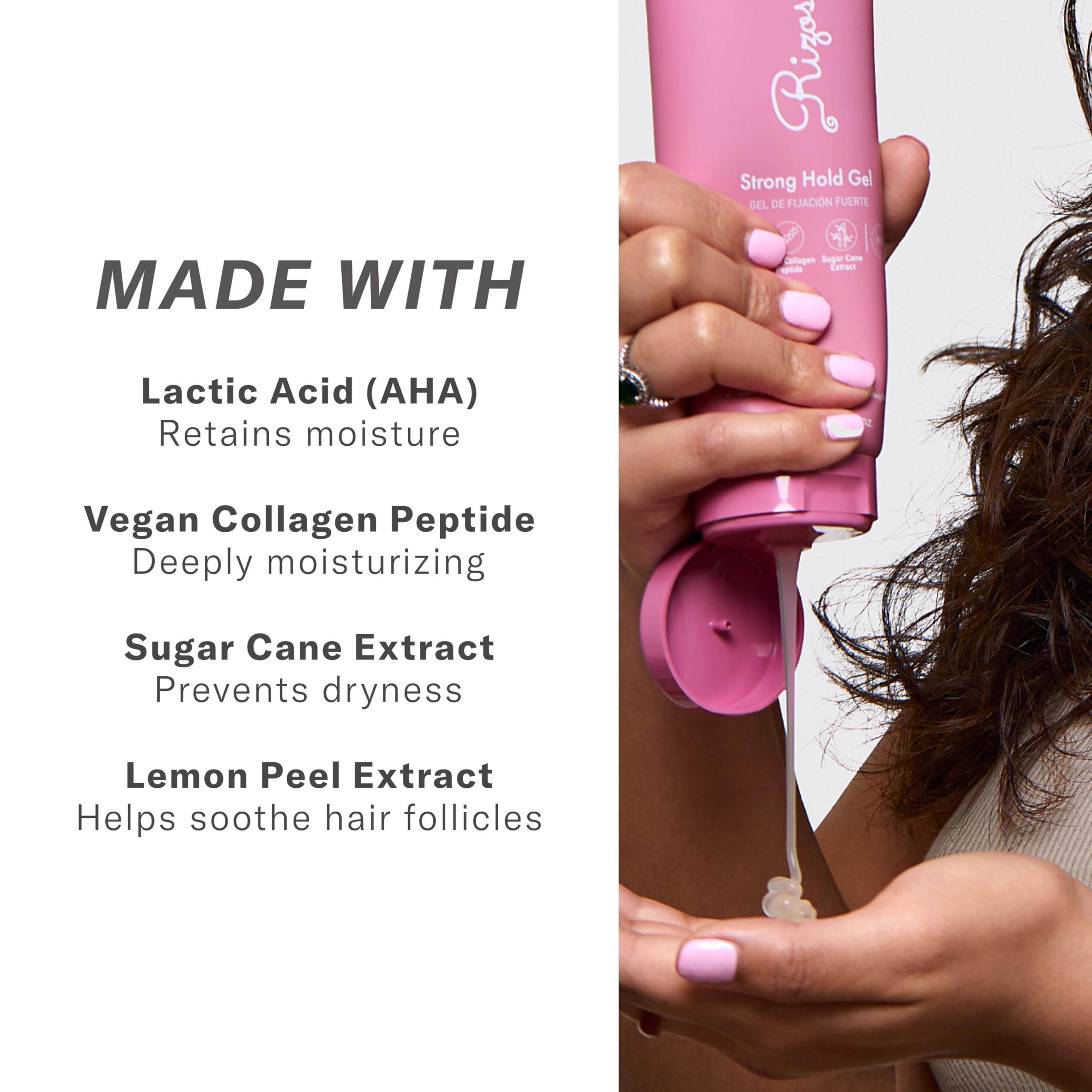 Model shows defined curls and natural shine with Rizos Curls Gel.