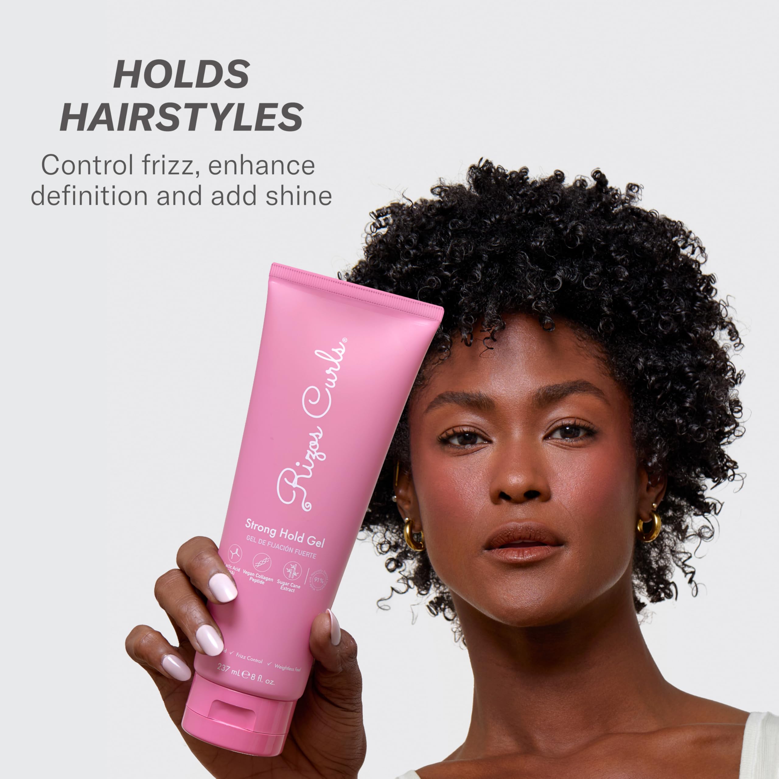 Rizos Curls Strong Hold Gel texture close-up for weightless hold and shine.