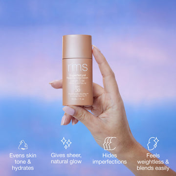 RMS Beauty protección diaria SPF30 para rostro, piel hidratada y tono uniforme.