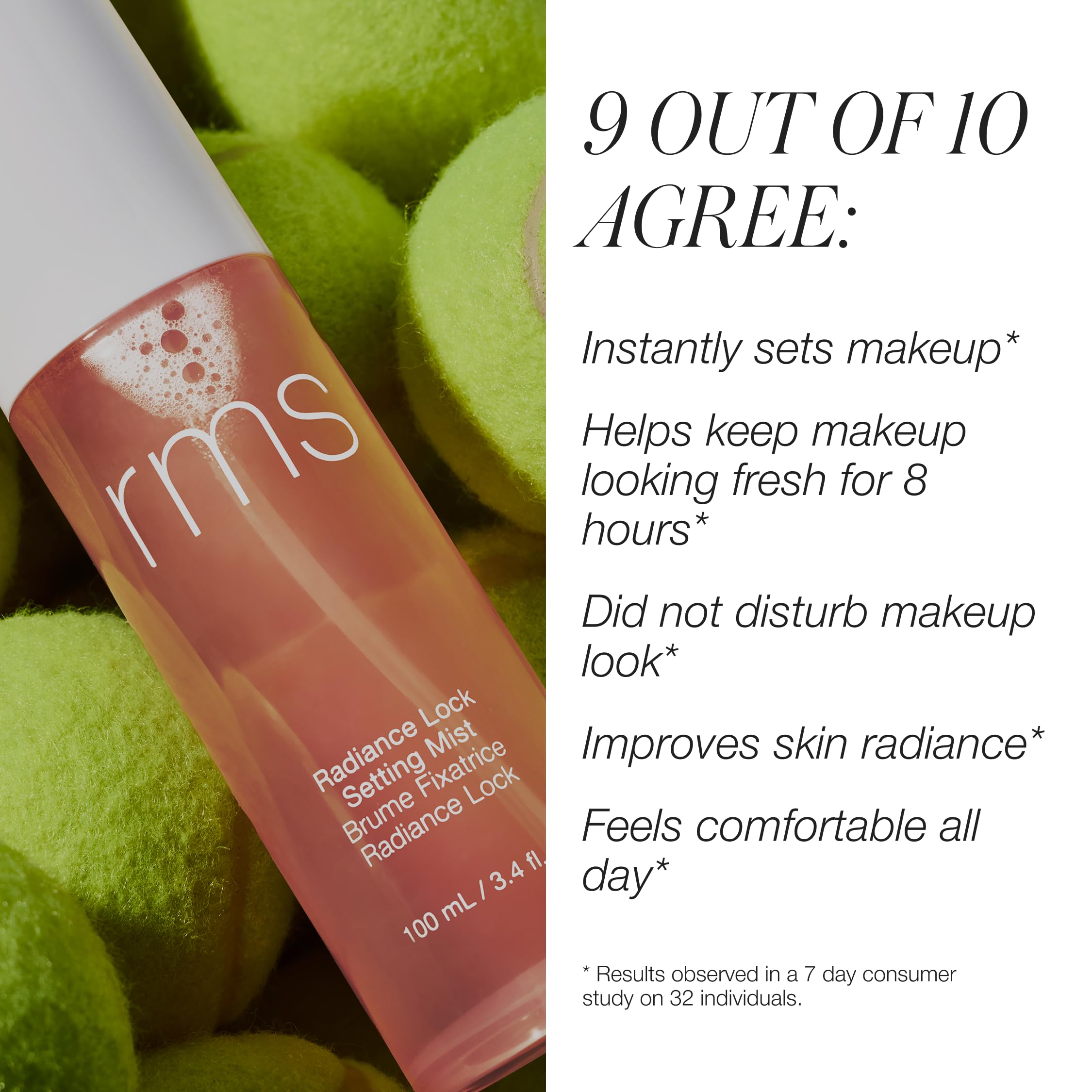 RMS Beauty Radiance Lock Setting Mist pulverizacion rapida facilita retoques instantaneos.