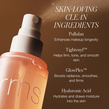 RMS Beauty Radiance Lock Setting Mist textura ligera sin residuo pegajoso.