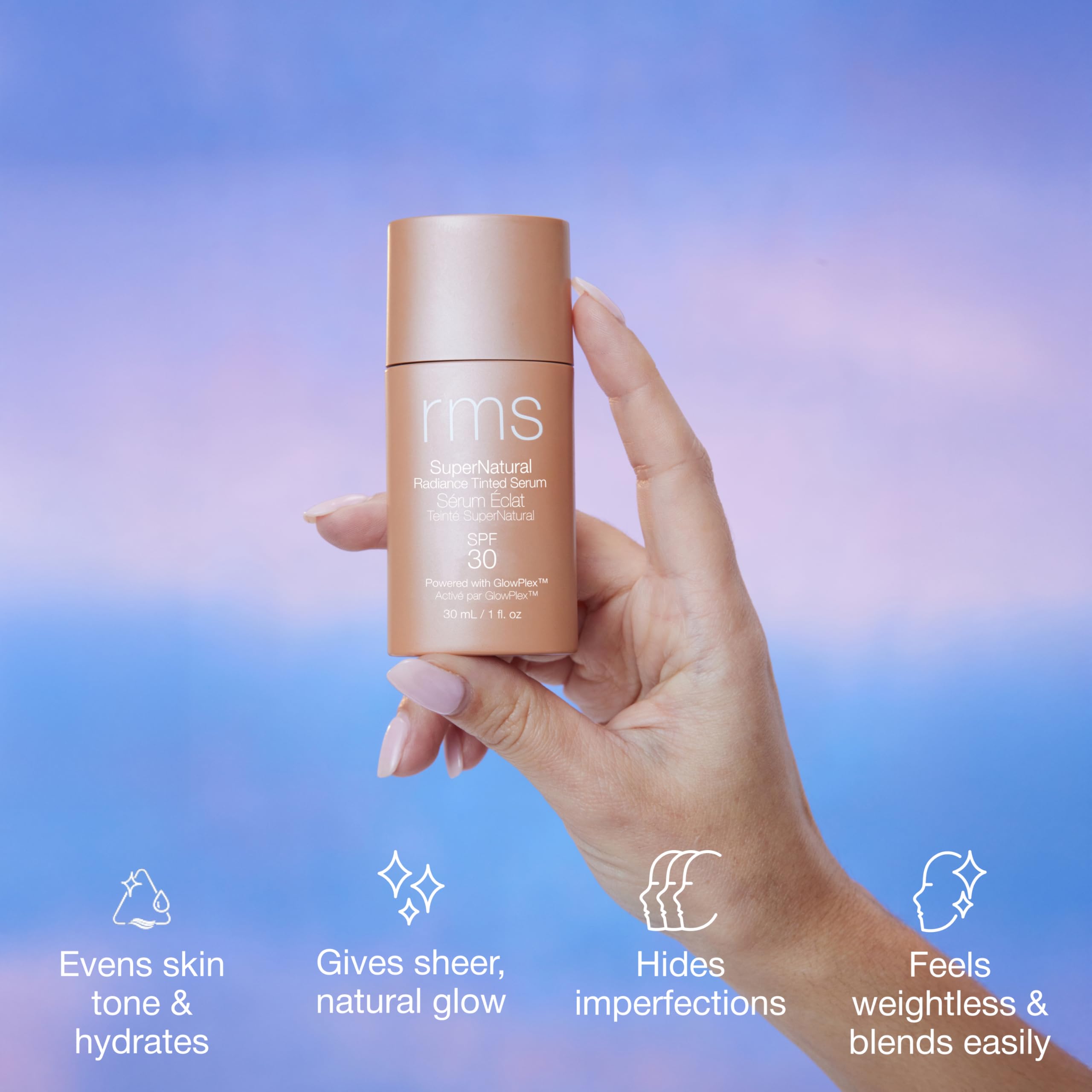 RMS Beauty SPF 30 diario, protección UVA/UVB, tono más uniforme.
