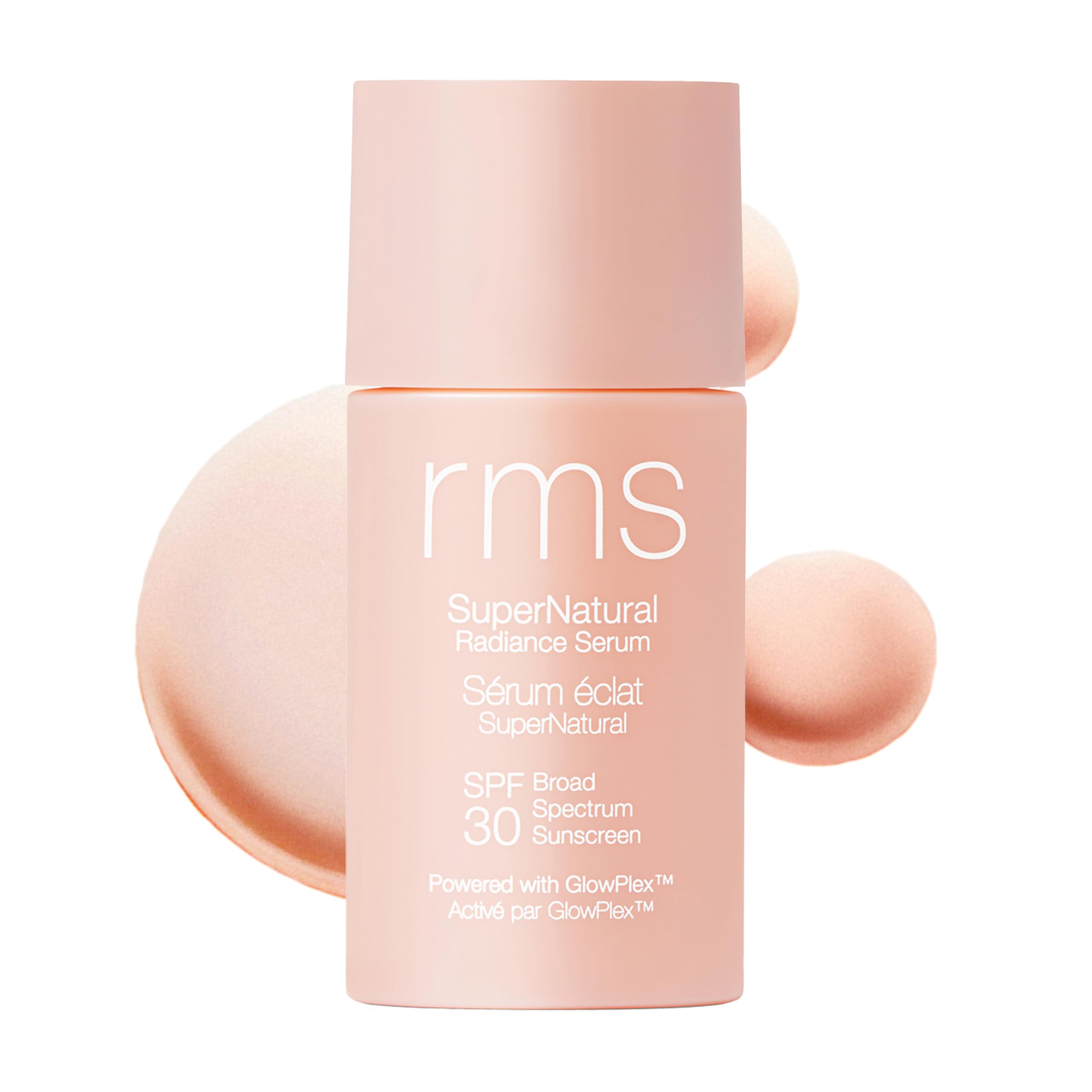 RMS Beauty Suero de Resplandor Sobrenatural SPF30 en botella para protección diaria y brillo natural.