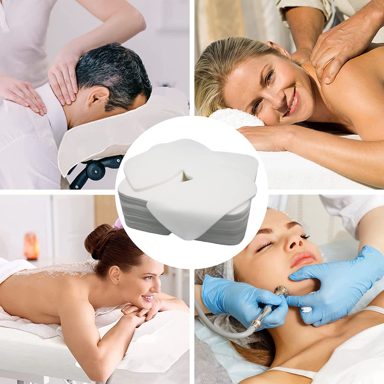 Rngwaper cubiertas de cara desechables compatibles con reposacabezas, uso versátil en sesiones de masaje.