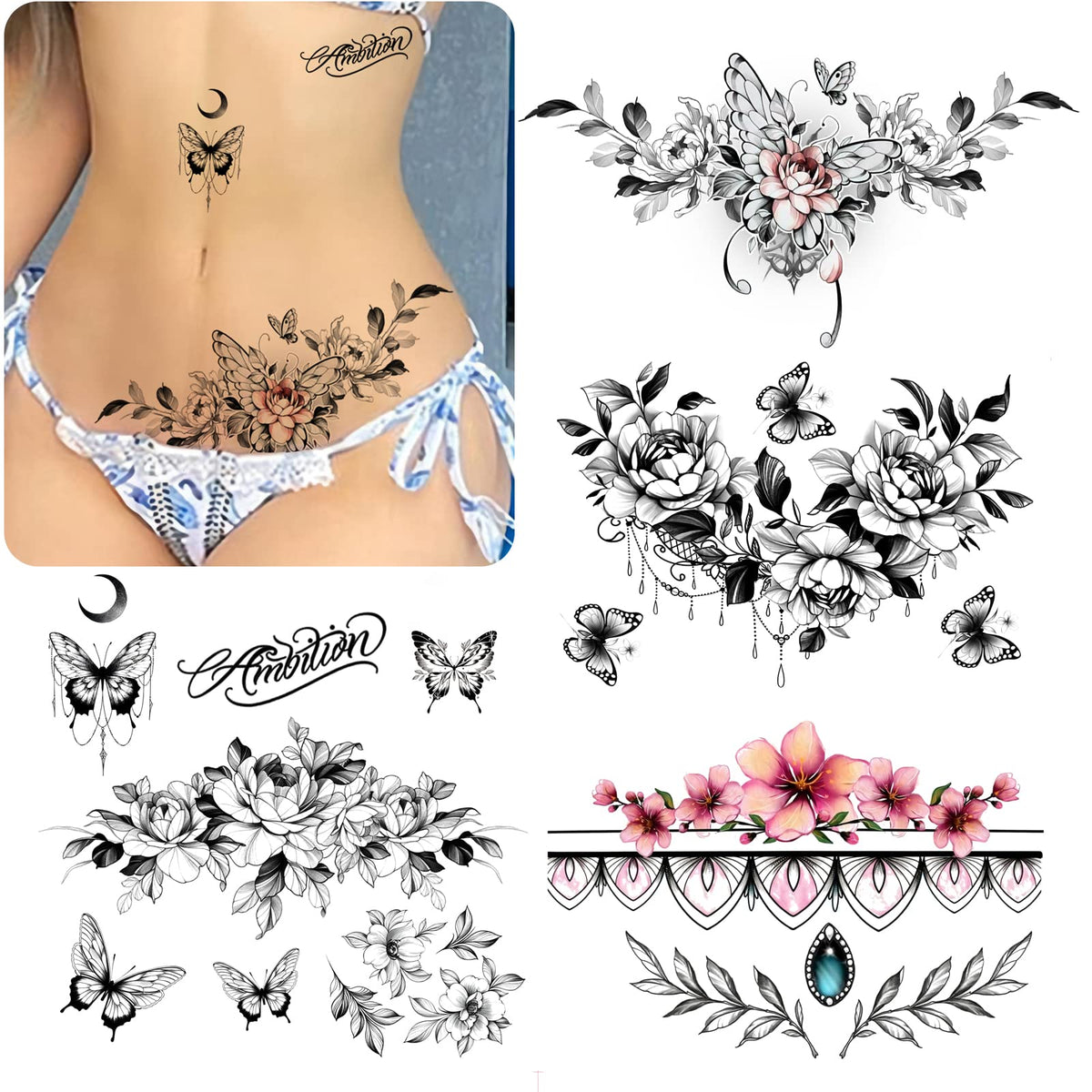 ROARHOWL tatuaje temporal con flores 3D realistas para el torso.