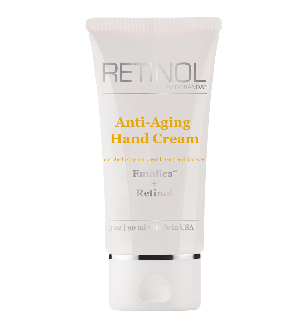 Robanda retinol para manos en dispensador, hidratación duradera.
