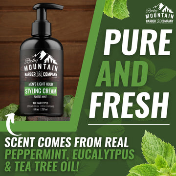 Rocky Mountain Barber Company crema de peinado, fragancia Forest Mint suave para aroma fresco.