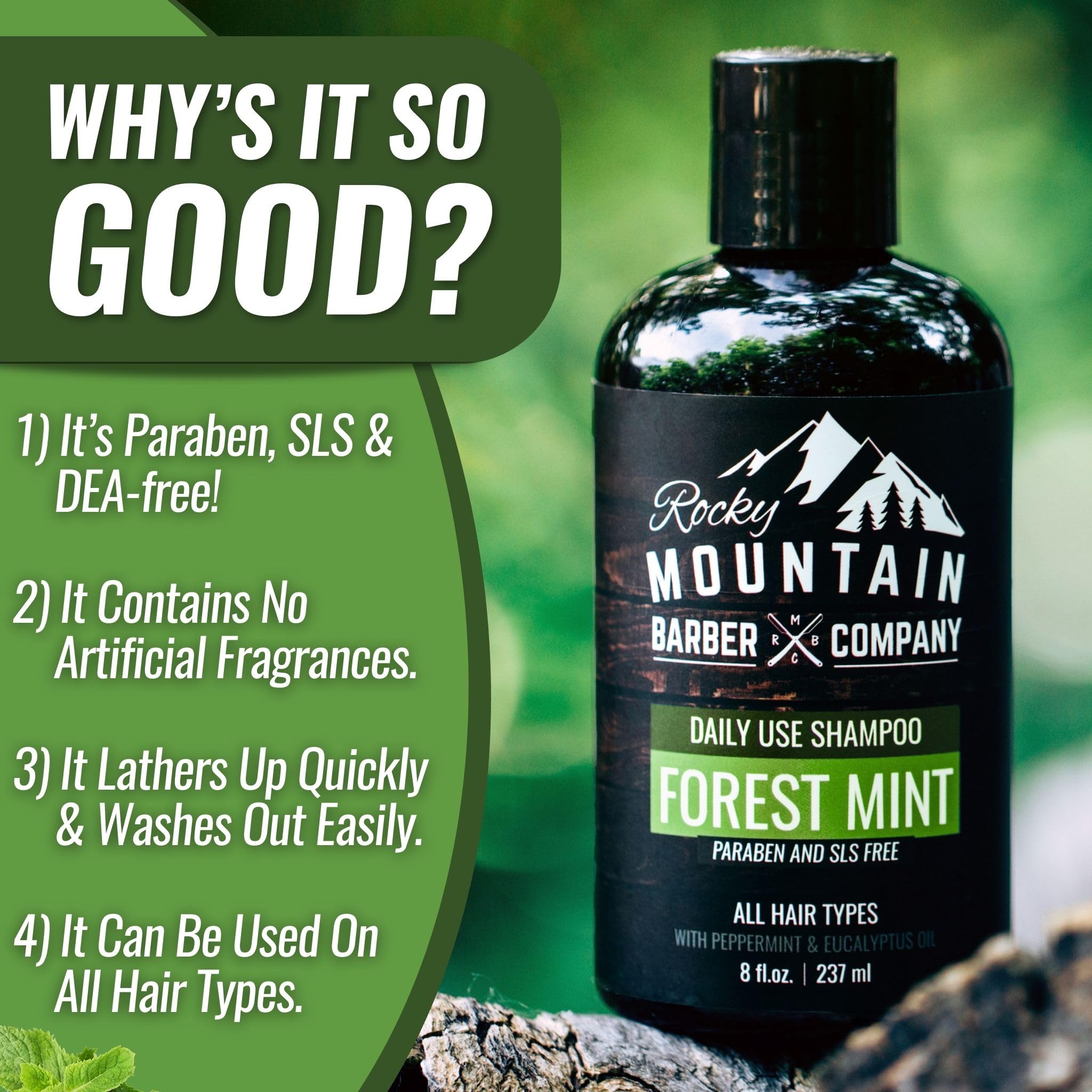 Etiqueta del champú Rocky Mountain Barber Company que destaca ingredientes naturales