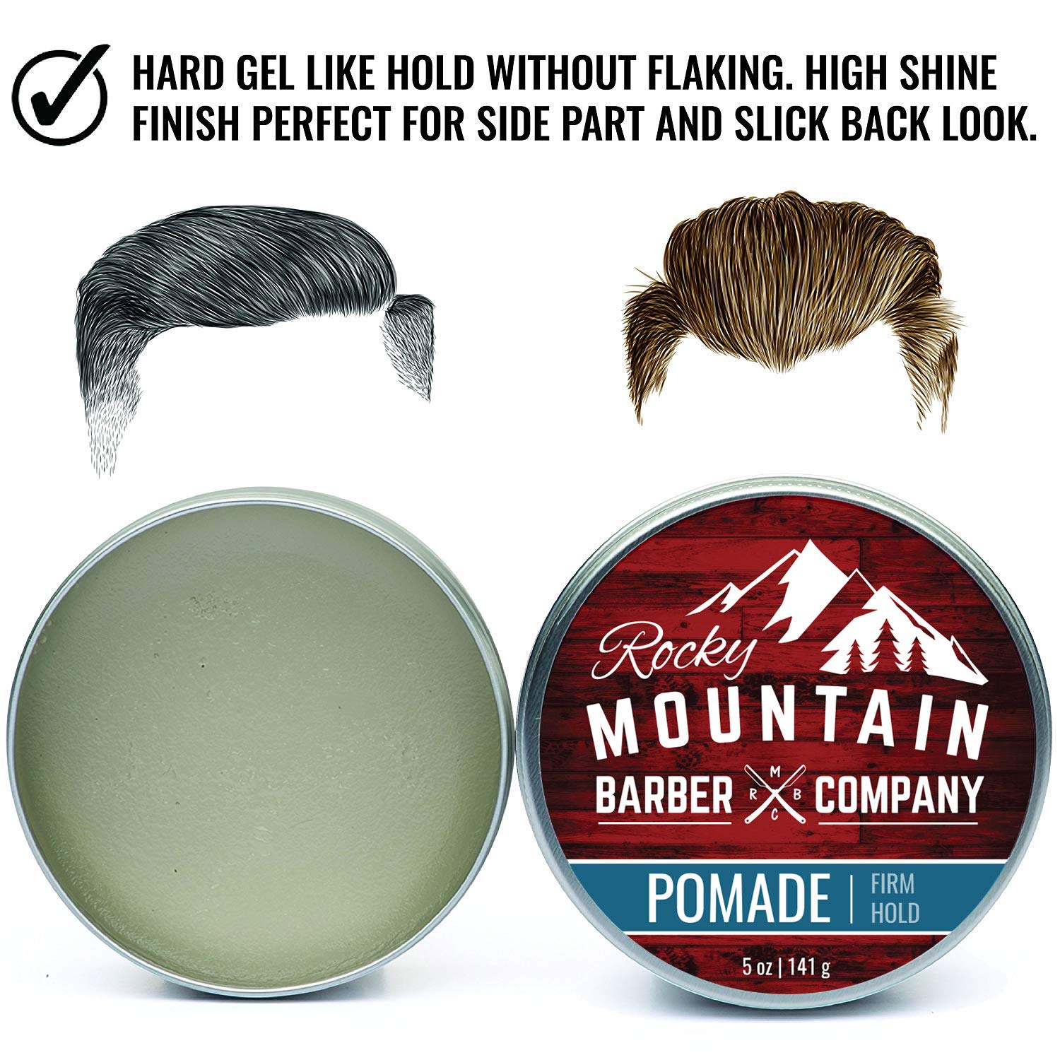 Lata de pomada Rocky Mountain Barber Company con brillo alto para un acabado elegante