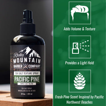 Rocky Mountain Barber Sea Salt Spray, aroma a pino que acompaña el peinado