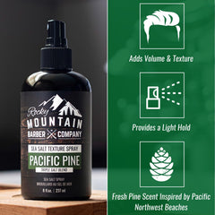 Rocky Mountain Barber Sea Salt Spray, aroma a pino que acompaña el peinado