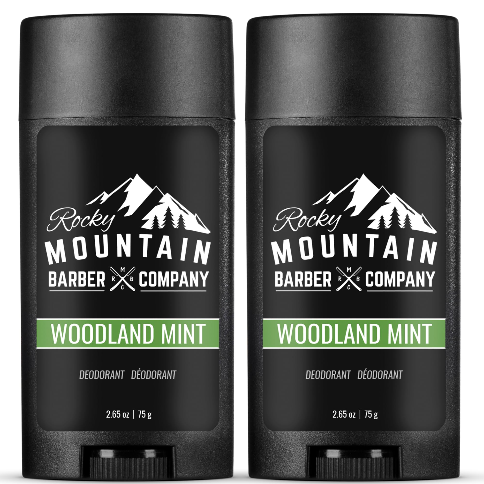 Desodorante Rocky Mountain Barber Woodland Mint, envase doble para uso continuo.