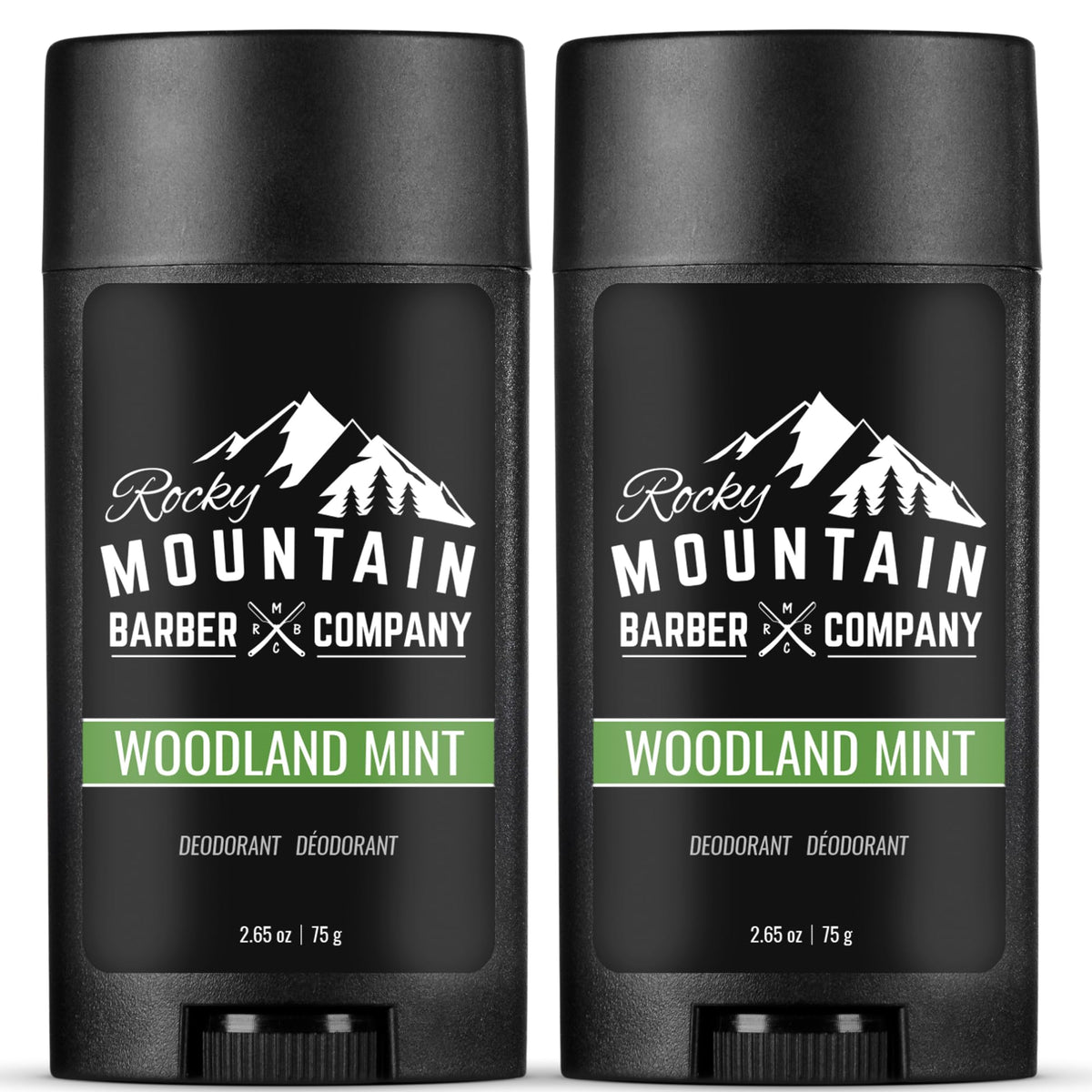 Desodorante Rocky Mountain Barber Woodland Mint, envase doble para uso continuo.
