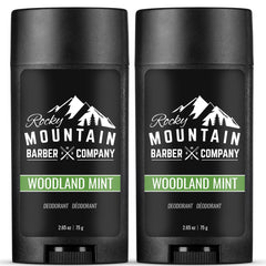 Desodorante Rocky Mountain Barber Woodland Mint, envase doble para uso continuo.