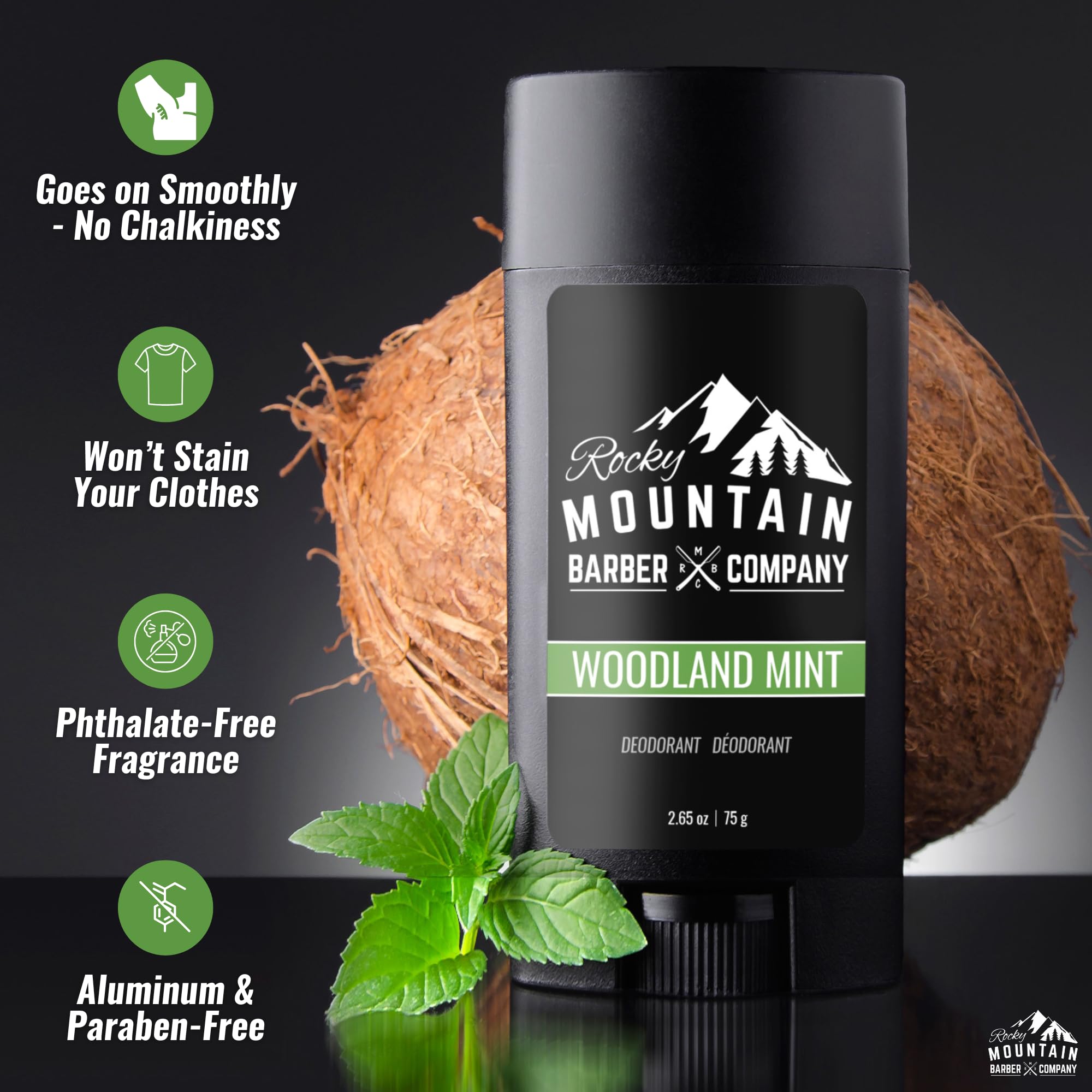 Desodorante Rocky Mountain Barber Woodland Mint, aroma masculino y fresco sin parabenos.
