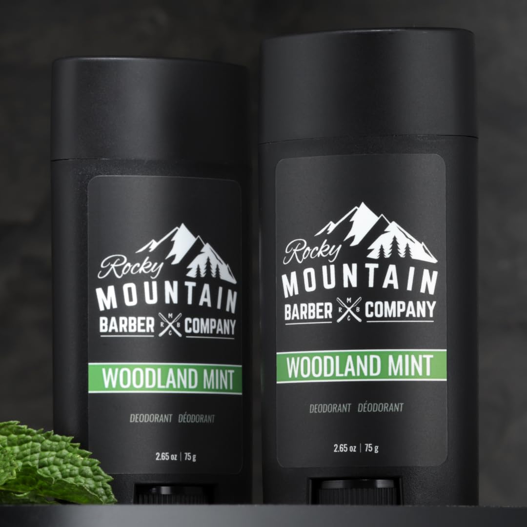 Desodorante Rocky Mountain Barber Woodland Mint, elaborado en Estados Unidos en lotes pequeños.