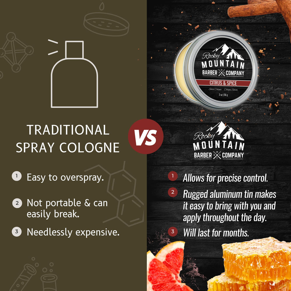 Rocky Mountain Barber Company Colonia sólida portátil para llevar en bolsa.