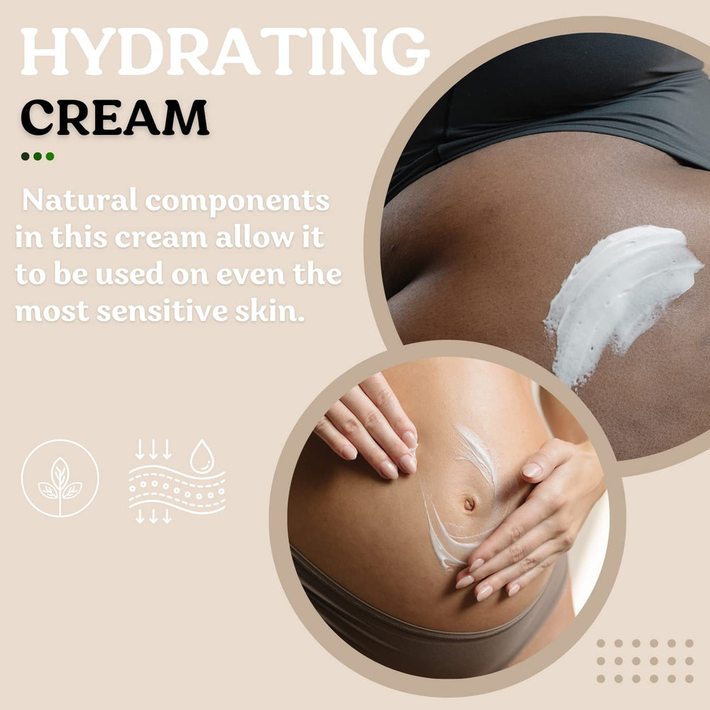 Roe Wellness mamá sosteniendo barriga: aplicando crema para elasticidad.