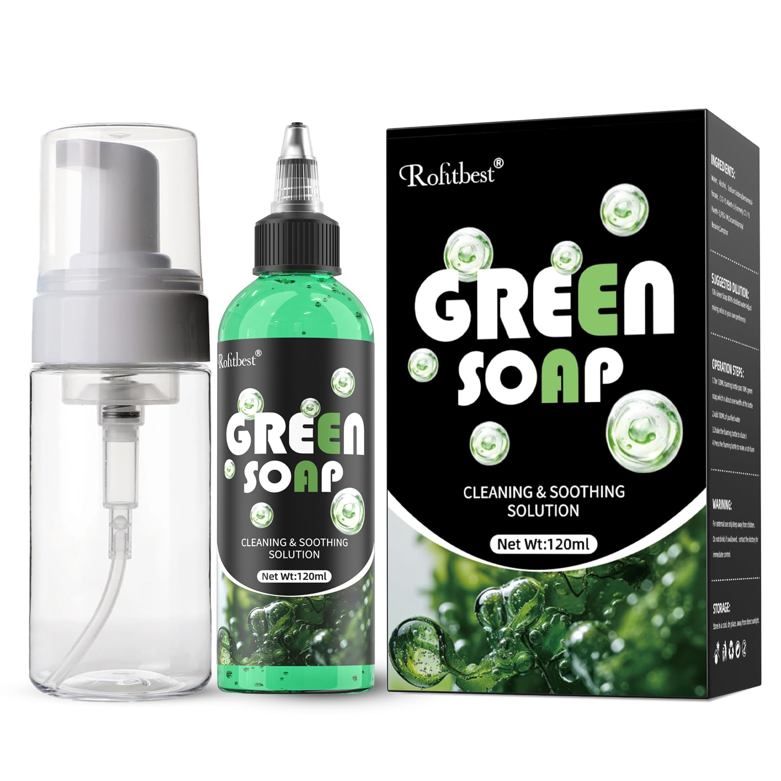 Rofitbest jabon verde para tatuajes, botella espumosa, limpieza suave para piel sensible.