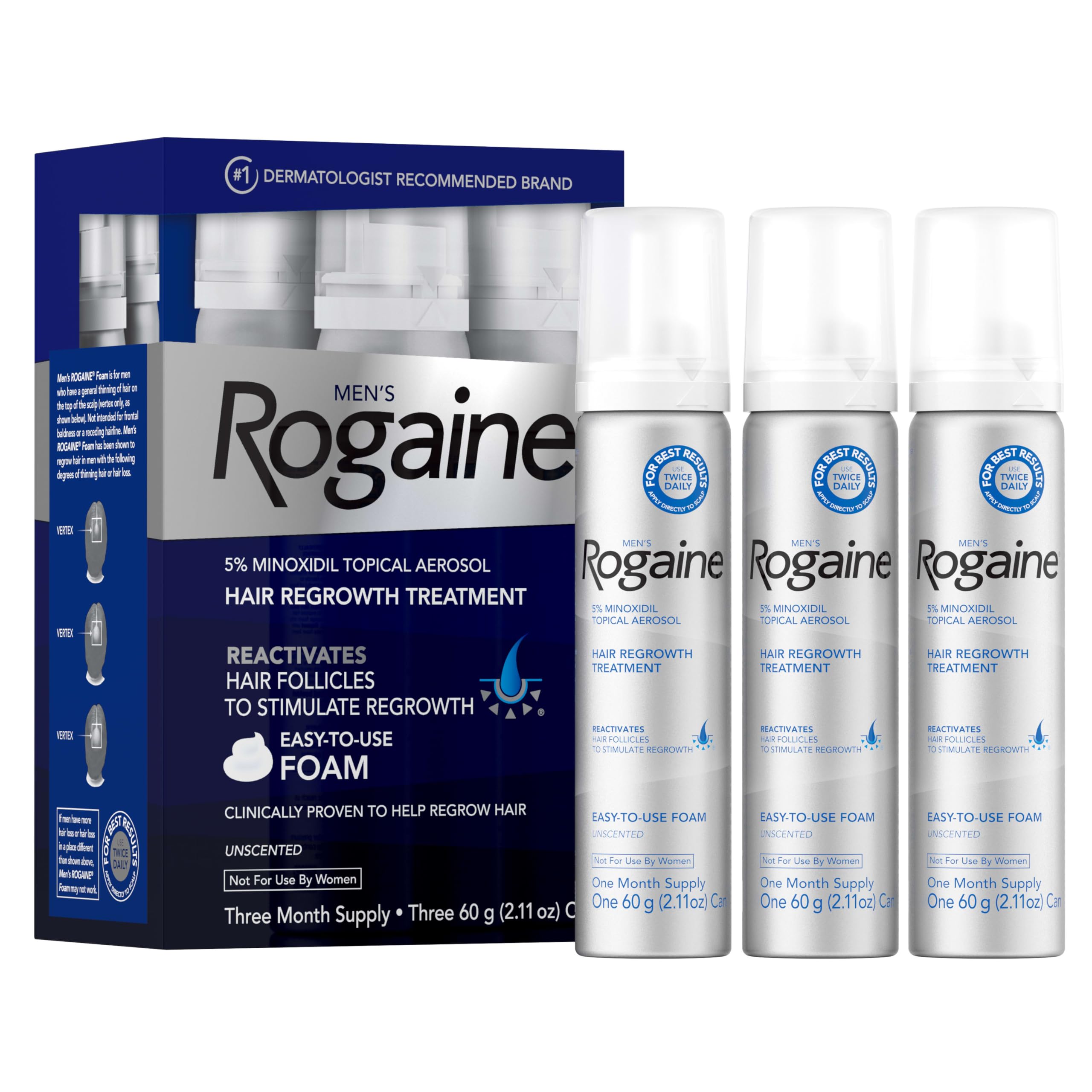 Rogaine espuma Minoxidil 5% para estimular crecimiento capilar en la coronilla.