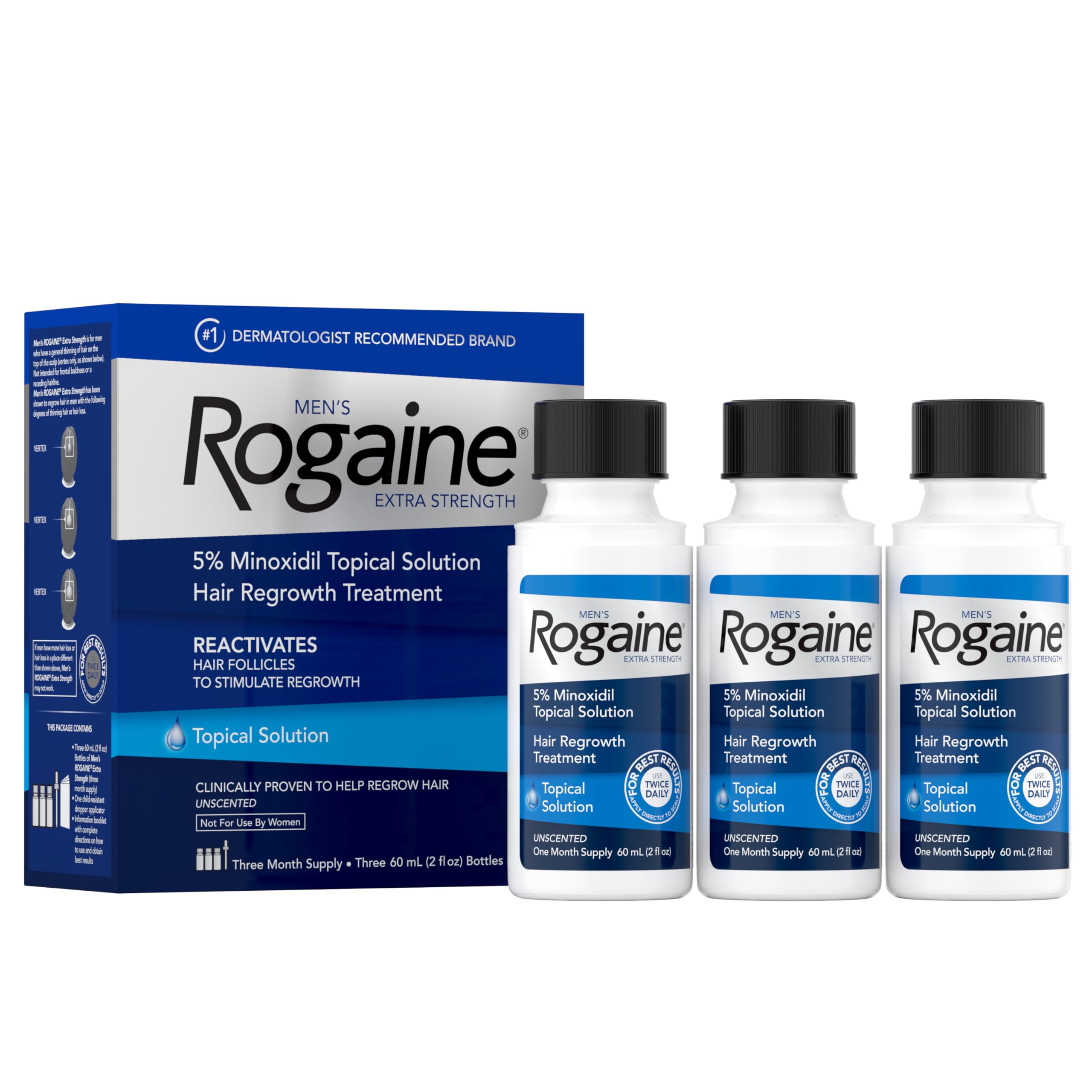 Rogaine Fuerza Extra 5% Minoxidil, botellas, apoyo al crecimiento capilar visible.