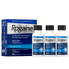 Rogaine Fuerza Extra 5% Minoxidil, botellas, apoyo al crecimiento capilar visible.