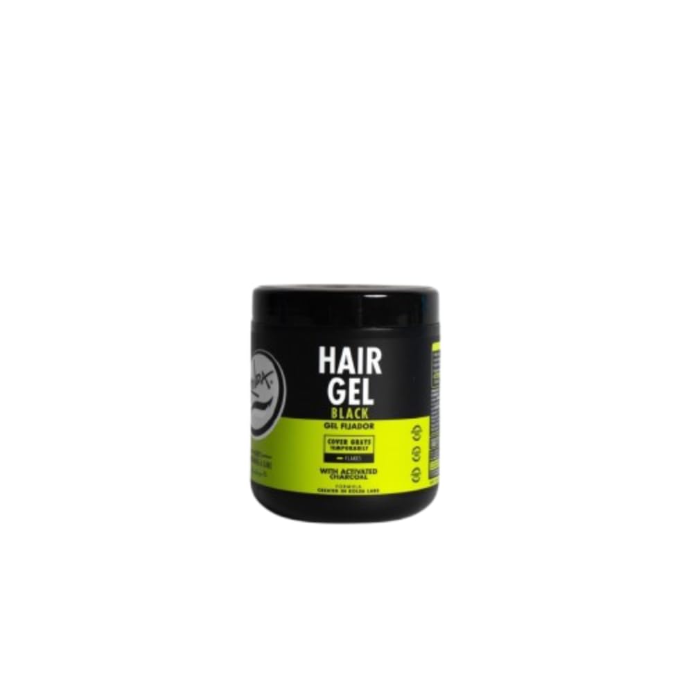 Rolda black hair gel for men bottle shows strong hold and charcoal tint.