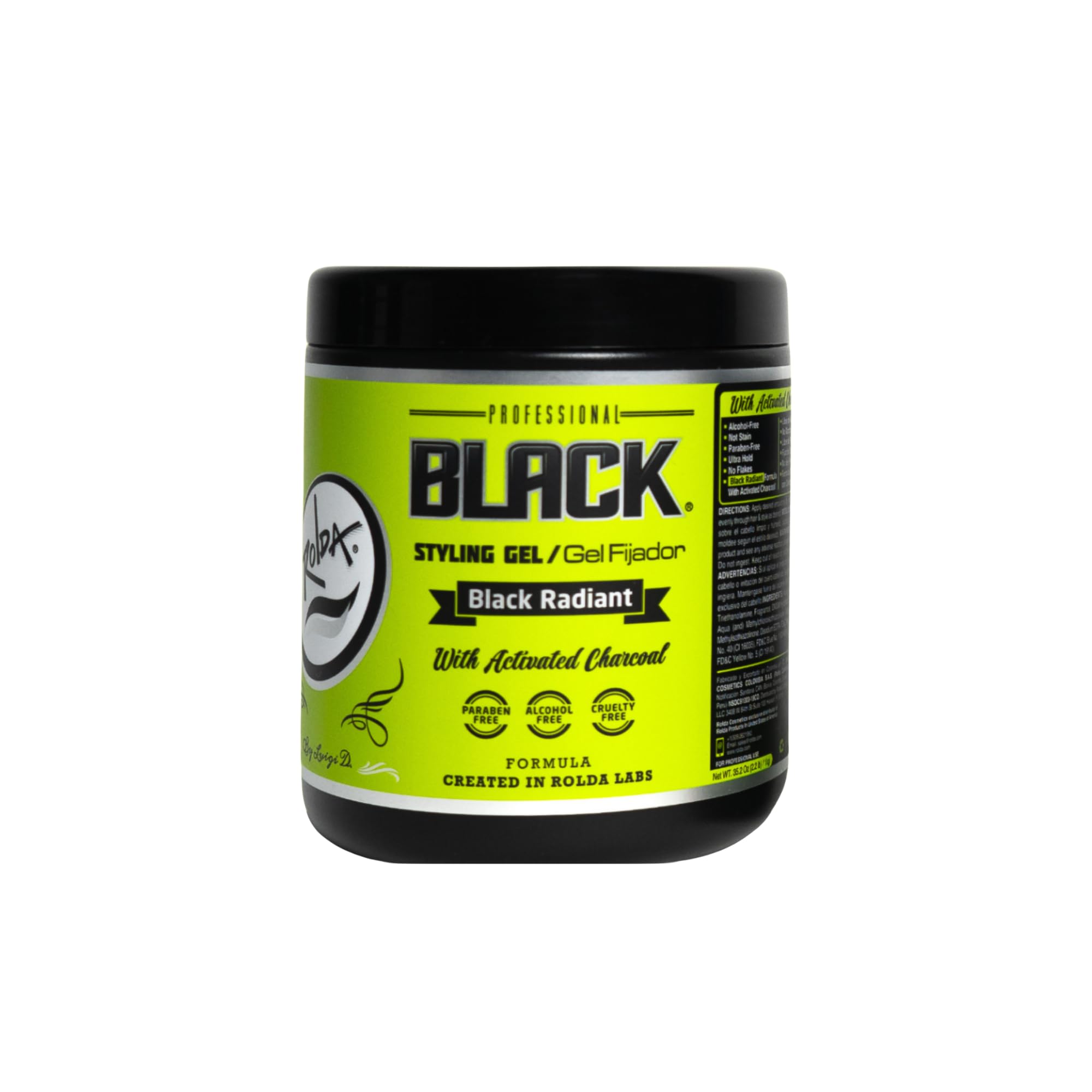Rolda Black Styling Gel pack shot showing charcoal tint and strong hold.