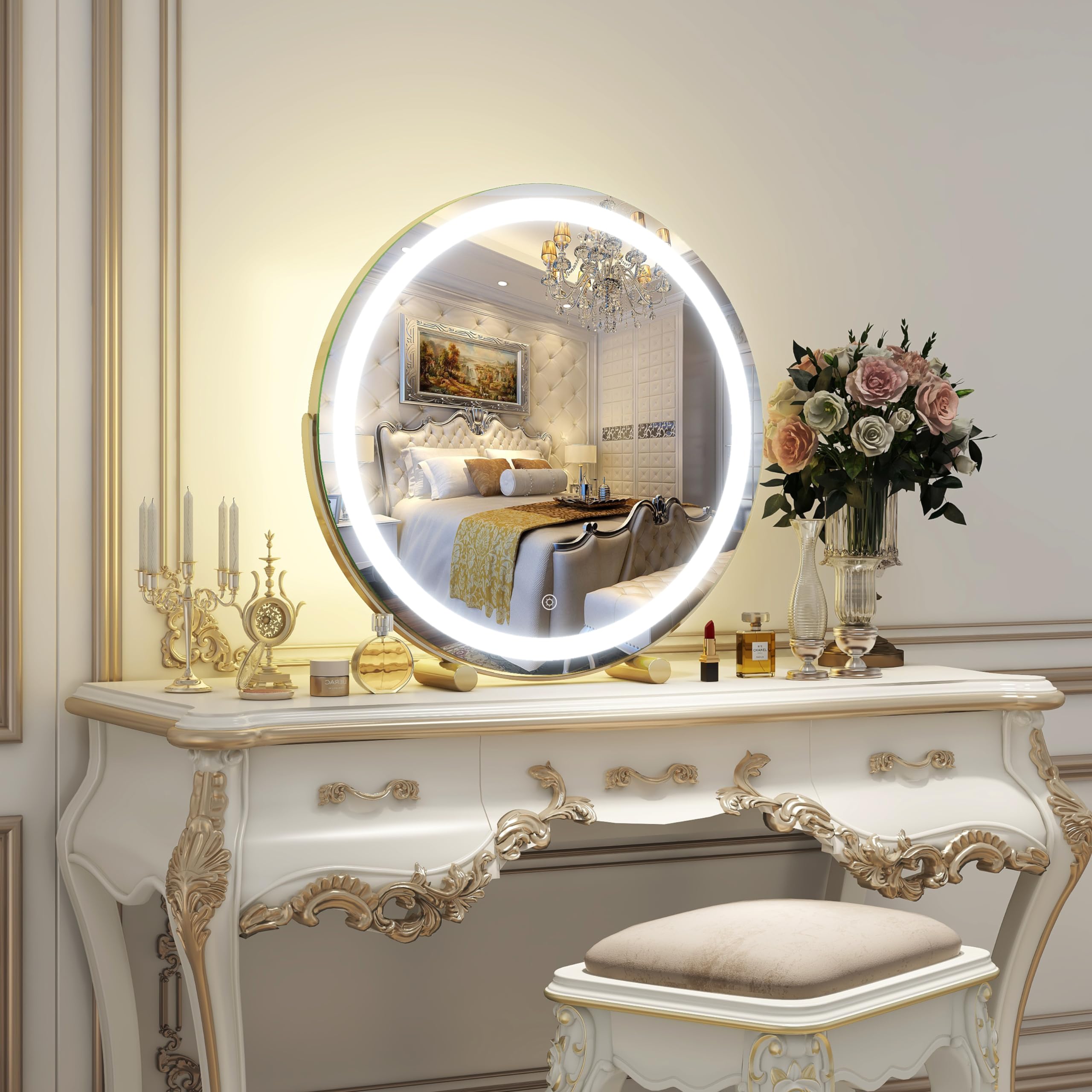 ROLOVE espejo 360° dorado permite ajustar ángulo perfecto para maquillaje desde cualquier lado